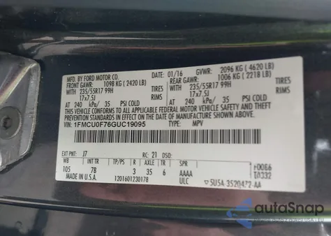 2016 Ford Escape S из США, поврежденный, VIN 1FMCU0F76GUC19095